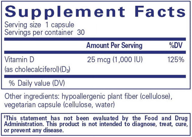 Pure Encapsulations Vitamin D3 25 Mcg (1,000 IU) | Supplement to Support Bone, Joint, Breast, Prostate, Heart, Colon and Immune Health* | 30 Capsules