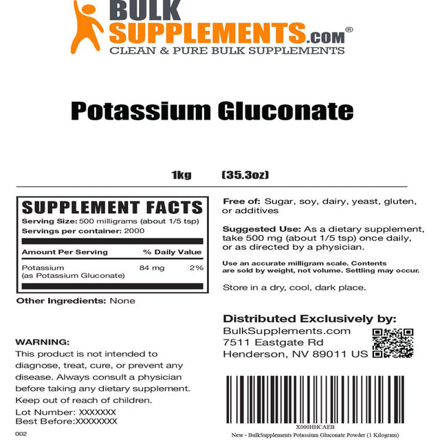 Bulksupplements.Com Potassium Gluconate Powder - Potassium Supplement - Pure Potassium - Vegan Potassium - Potassium Vitamins (1 Kilogram - 2.2 Lbs)