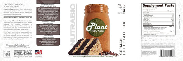 Nutrabio Plant Protein – Complete Amino Acid Profile – 20G of Protein per Scoop – Gluten and Dairy Free, Zero Fillers, Naturally Sweetened, Non-Gmo, USA Made Protein Powder - German Chocolate Cake