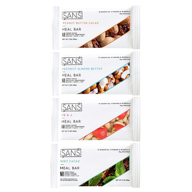 SANS Variety Meal Replacement Protein Bar | All-Natural Nutrition Bar with No Added Sugar | Dairy-Free, Soy-Free, and Gluten-Free | 16 Essential Vitamins and Minerals | (12 Pack)