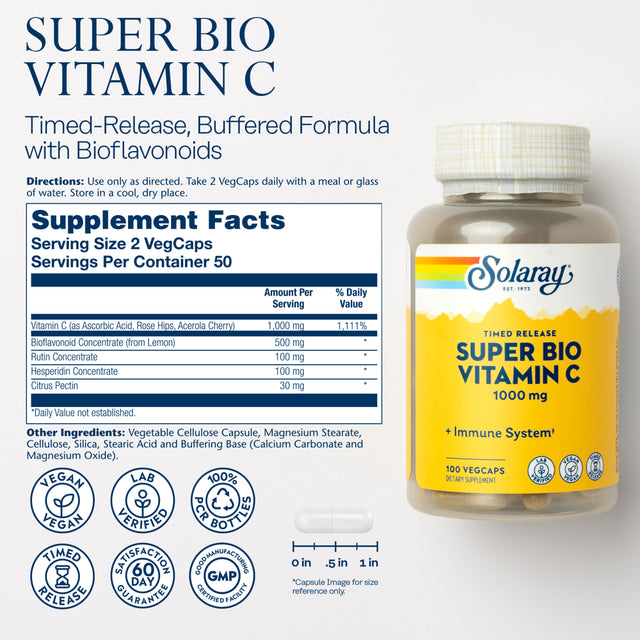 Solaray Super Bio Buffered Vitamin C 1000 Mg with Bioflavonoids, Timed Release Immune Support, 50 Servings, 100 Vegcaps