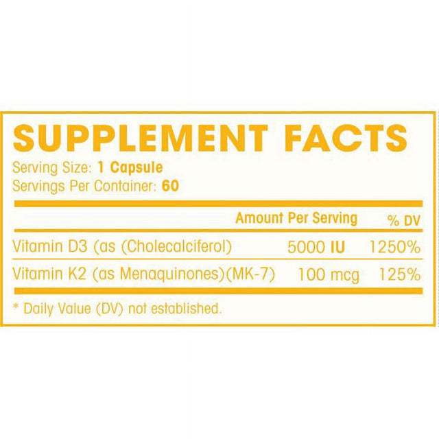 Vitamin K2 (Mk7) with D3 Supplement for Best Absorption - 2-In-1 Support for Heart Health and Strong Bones | Vitamin D & K Complex | D3 5000 IU + K2 100 Mcg | GMO & Gluten Free - 60 Capsules