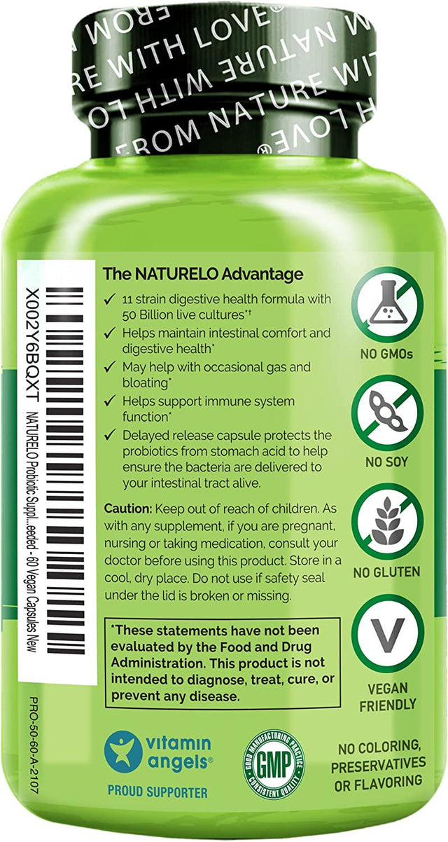 NATURELO Probiotic Supplement - 50 Billion CFU - 11 Strains - One Daily - Helps Support Digestive & Immune Health - Delayed Release - No Refrigeration Needed - 60 Vegan Capsules