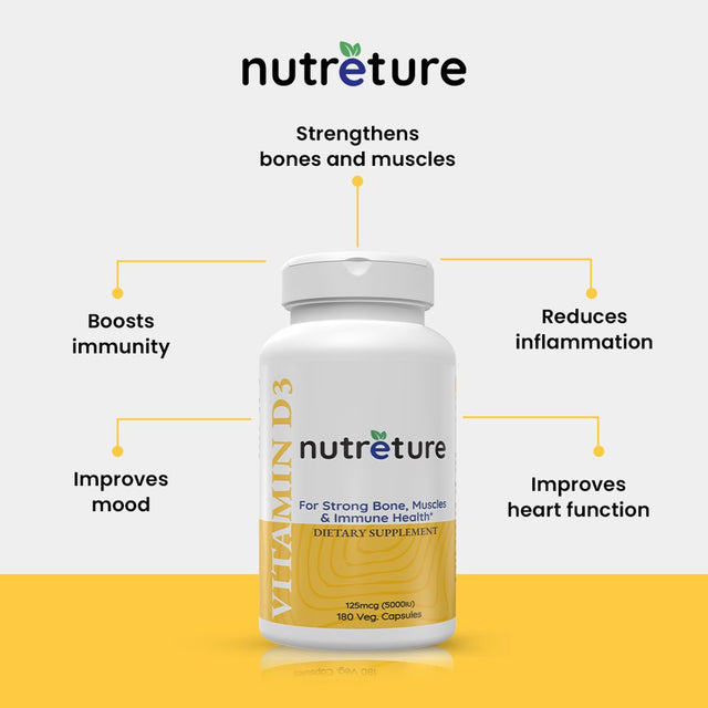 NUTRETURE Vitamin D3 5000 Iu 180 Capsules for Healthy Bones, Teeth, Heart and Immune Support | D3 Vitamin D 5000 Iu Supplements | Vitamina D Supplement | VIT D3 for Men and Women