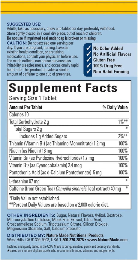 Nature Made Clear & Focus, L-Theanine and Low-Dose Green Tea Caffeine, Helps Reduce Mental Fatigue and Supports Focus, Five B Vitamins for Cellular Energy Support, Lemon Mint, 30 Chewable Tablets