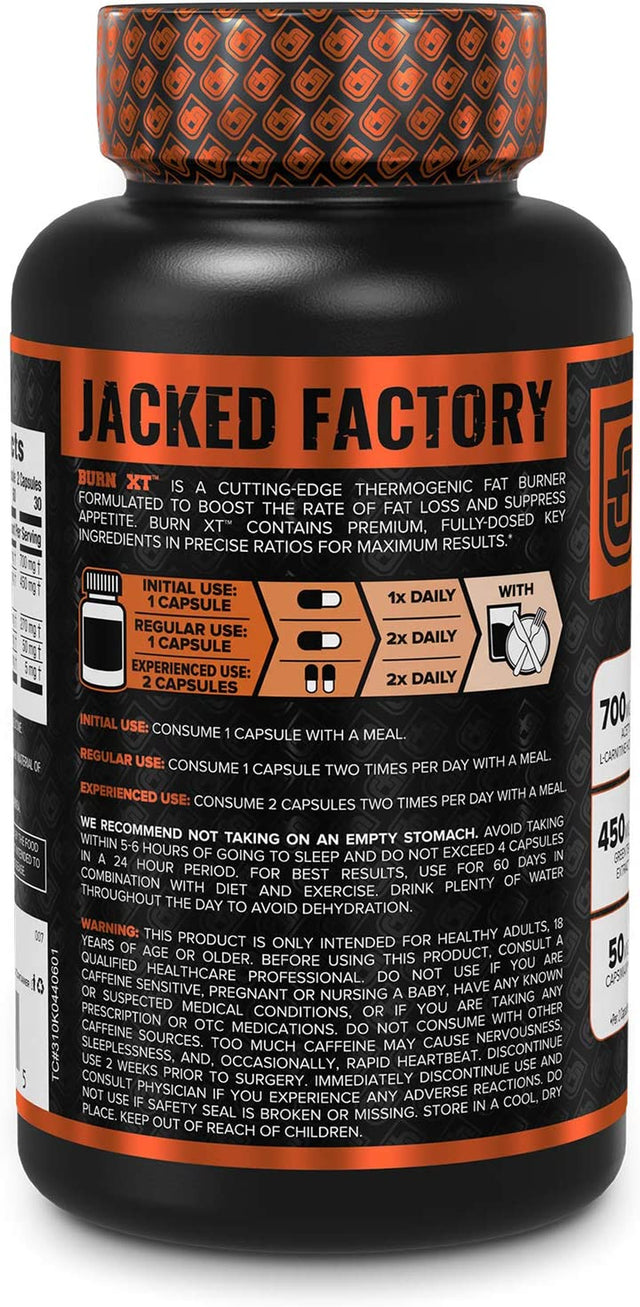 Jacked Factory Burn-Xt for Men & Women - Improve Focus & Increase Energy - Premium Acetyl L-Carnitine, Green Tea Extract, Capsimax Cayenne Pepper, & More - 30 Natural Veggie Pills