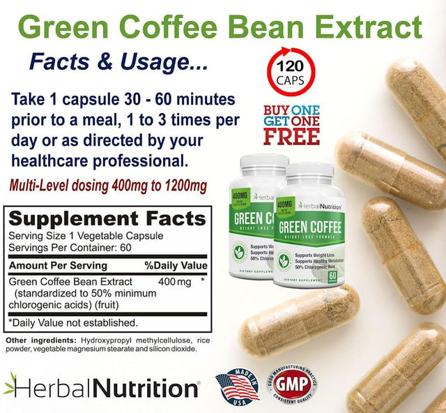 Herbal Nutrition BOGO Pure Green Coffee Bean Extract, Two Bottle Pack, 120 Capsules, Multi-Level Dosing 400Mg - 1200Mg per Serving, 50% Chlorogenic Acid. Weight Loss & Cleanse Supplement