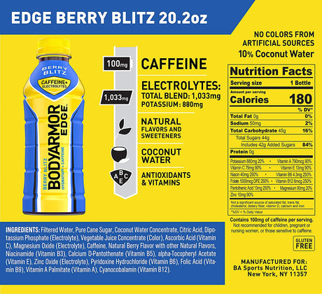 BODYARMOR EDGE Sports Drink with Caffeine, Berry Blitz, Potassium-Packed Electrolytes, Caffeine Boost, Natural Flavors with Vitamins, Perfect for Athletes 20.2 Fl Oz (Pack of 12)