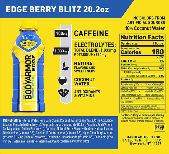 BODYARMOR EDGE Sports Drink with Caffeine, Berry Blitz, Potassium-Packed Electrolytes, Caffeine Boost, Natural Flavors with Vitamins, Perfect for Athletes 20.2 Fl Oz (Pack of 12)