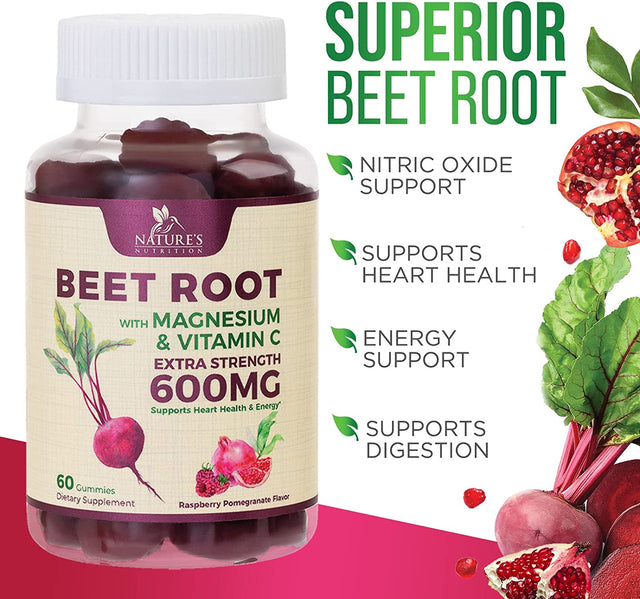 Nature'S Nutrition Beet Chews Gummies with Beetroot - Energy & Heart Health Support, Natural Nitric Oxide Production Support, Superfood Beets Soft Chews Gummy Supplement - 60 Count Beet Root Gummies