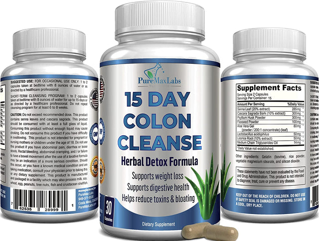 15 Day Colon Cleanse and Detox, Herbal Detox Formula, Supports Weight Loss, Constipation Relief - Boosts Energy. Flush Toxins, Natural Safe Colon Cleanser for Men and Women - 30 Capsules