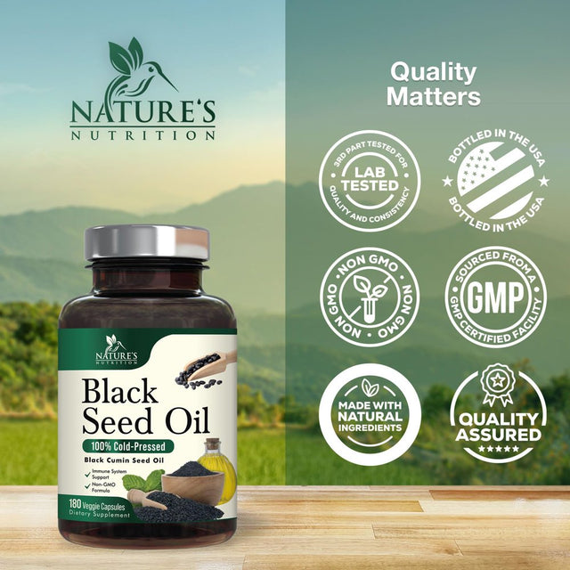 Black Seed Oil Capsules 1000Mg - Vegan Cold-Pressed Nigella Sativa Black Seed Oil, Nature'S Pure Black Cumin Seed Oil for Immune, Hair and Brain Support, Non-Gmo - 180 Capsules