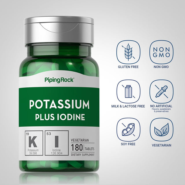 Potassium Supplement | 180 Tablets | with Iodine | Essential Mineral | Vegetarian, Non-Gmo, Gluten Free | by Piping Rock