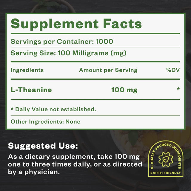 L-Theanine Powder, 100 G, Pure L Theanine Powder That Promotes Relaxation and Focus, L-Theanine Supplement for Cognitive Function, No Fillers, Non-Gmo, 1000 Servings