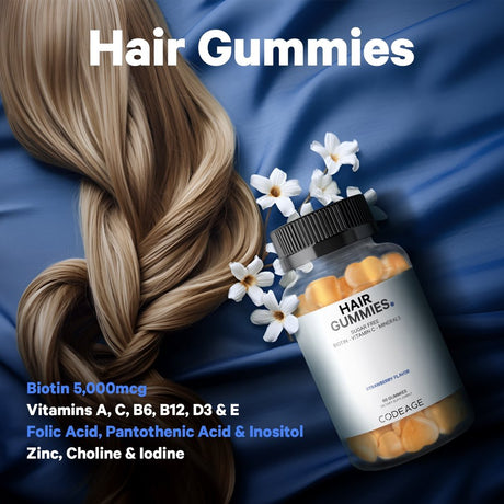 Codeage Hair Gummies, Biotin 5000 Mcg, Sugar Free Nails & Skin Gummy Multivitamin, Zinc, Folate, 60 Ct