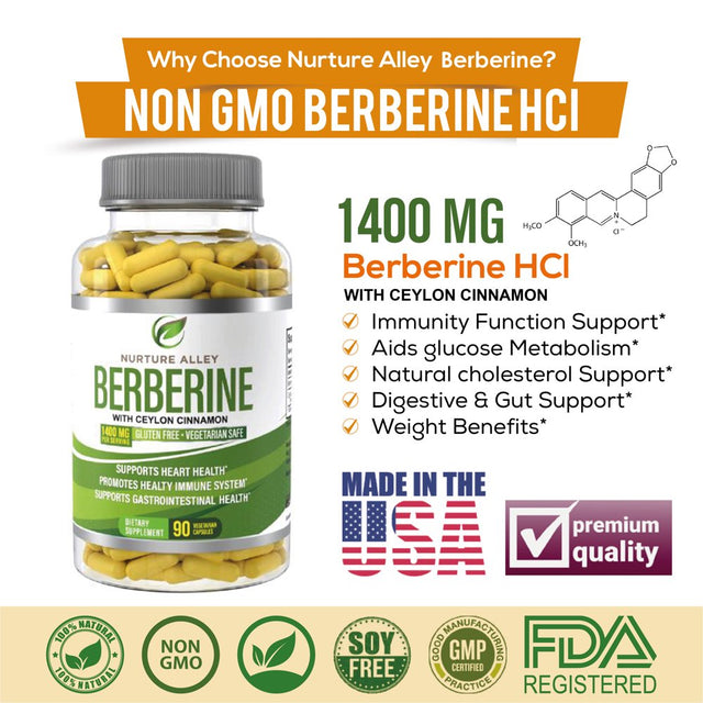 Nurture Alley Berberine Hcl 1400Mg - Berberine Hcl 1200Mg plus Organic Ceylon Cinnamon 200Mg - 90 Capsules - Supports Glucose Metabolism, Weight Management