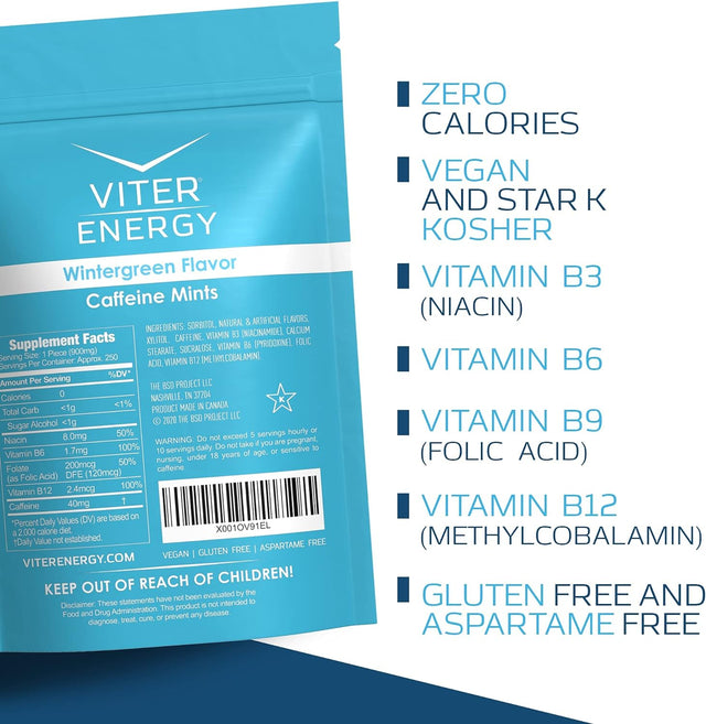 Viter Energy Original Caffeine Mints Wintergreen Flavor 6 Pack and 1/2 Pound Bulk Bag Bundle - 40Mg Caffeine, B Vitamins, Sugar Free, Vegan, Powerful Energy Booster for Focus and Alertness