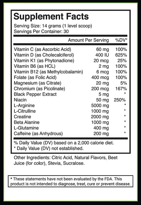 Pre Workout Powder L Arginine 5000Mg L Citrulline 1000Mg Supplement, Nitric Oxide Booster, Creatine Monohydrate, Beta Alanine, Caffeine, Preworkout Energy Drink Mix, Men & Women