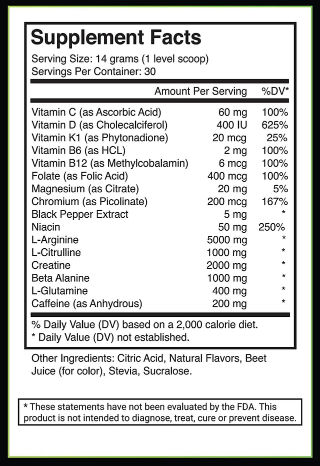 Pre Workout Powder L Arginine 5000Mg L Citrulline 1000Mg Supplement, Nitric Oxide Booster, Creatine Monohydrate, Beta Alanine, Caffeine, Preworkout Energy Drink Mix, Men & Women