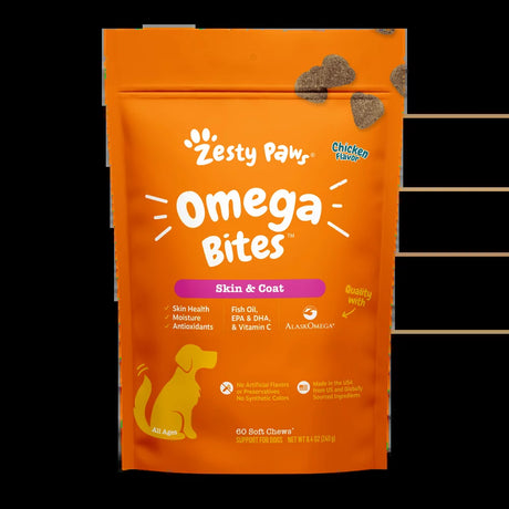 Zesty Paws Skin & Coat Omega Bites for Dogs, with Alaskan Omega Fish Oil for EPA & DHA, Chicken Flavor, 60 Count Soft Chews