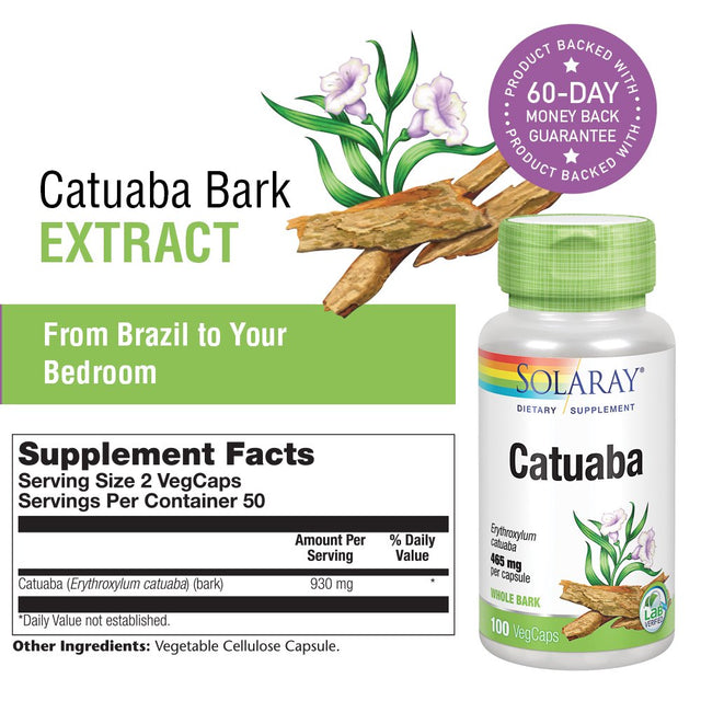 Solaray Catuaba Bark Extract 930 Mg | Healthy Libido, Mood & Energy Support | Whole Bark | No Excipients or Fillers | Non-Gmo & Vegan | 100 Vegcaps