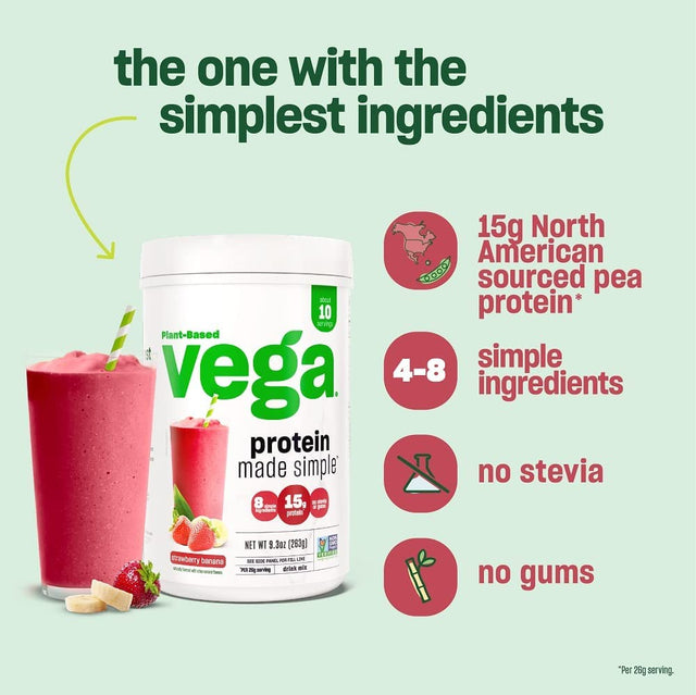 Vega Protein Made Simple Protein Powder, Vanilla - Stevia Free, Vegan, Plant Based, Healthy, Gluten Free, Pea Protein for Women and Men, 9.2 Oz (Packaging May Vary)