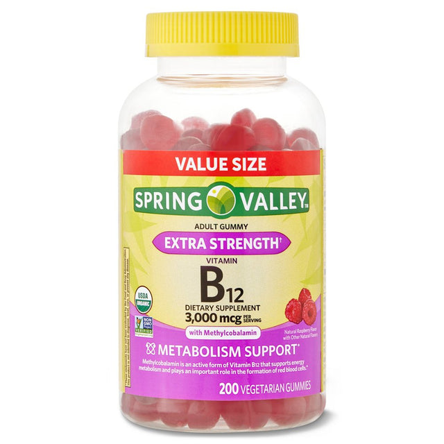 Spring Valley Non GMO Vitamin B12 Vegetarian Gummies, Raspberry, 3000 Mcg, 200 Count Value Size