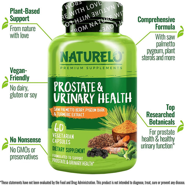 NATURELO Prostate & Urinary Health, Comprehensive Formula with Saw Palmetto, Pygeum, Tumeric, Plant Sterols, Broccoli and Lycopene, 60 Vegetarian Capsules