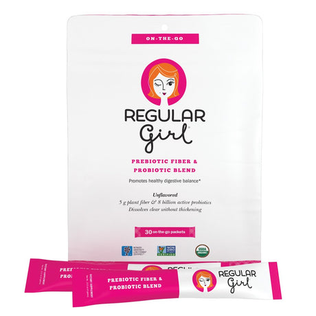 Regular Girl - Organic on the Go Powder, Low FODMAP Prebiotic Guar Fiber and Probiotic Support for Comfortable Digestion, 30 Packets