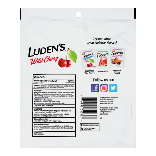 Luden'S Sore Throat Drops, for Minor Sore Throat Relief, Wild Cherry, 90 Count