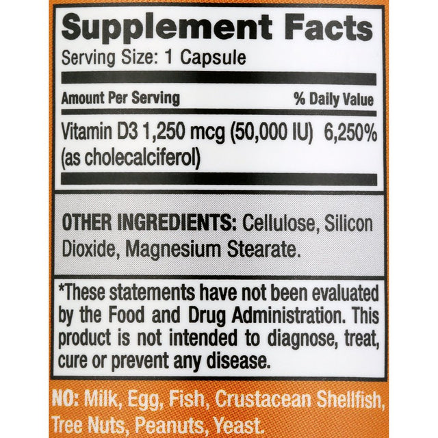 Safrel Vitamin D3 50,000 IU (As Cholecalciferol), Once Weekly Dose, 1250 Mcg, 60 Veggie Capsules for Bones, Teeth, and Immune Support