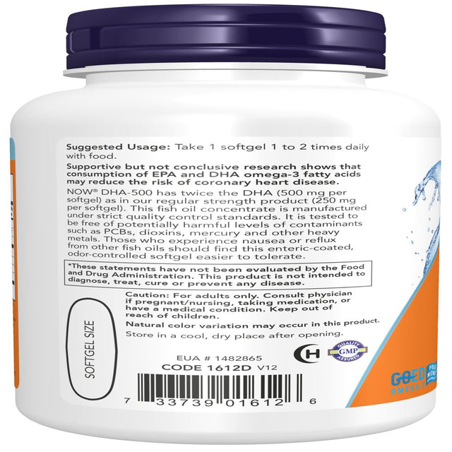 NOW Supplements, DHA-500 with 250 EPA, Molecularly Distilled, Supports Brain Health*, 90 Softgels