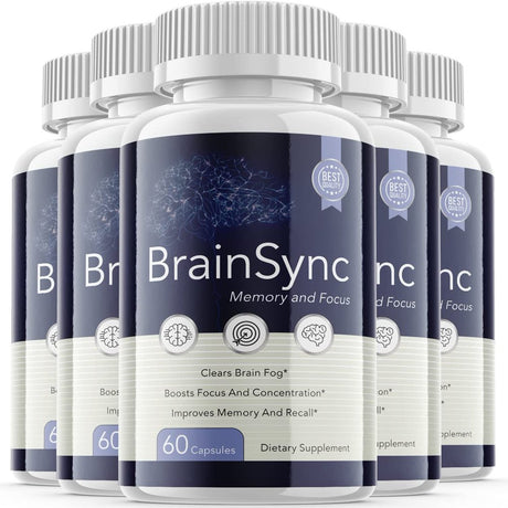 (5 Pack) Brain Sync - Dietary Supplement for Focus, Memory, Clarity, & Energy - Advanced Cognitive Support Formula for Maximum Strength - 300 Capsules