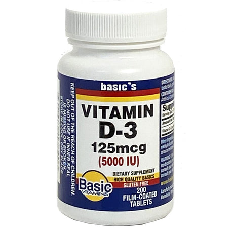 Basic Vitamins Film Coated Vitamin D3 Tablets, 5000 IU, 200 Count