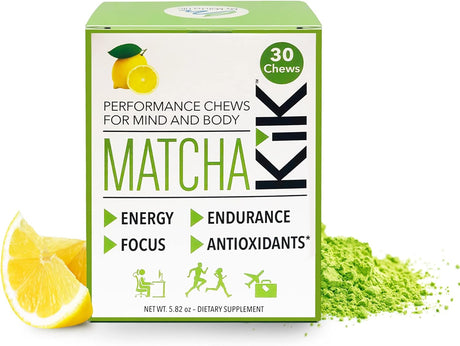 Matcha Kik Energy Chews - for Energy, Mental Focus, and Antioxidants. Healthy, Sport Chews with Premium Japanese Matcha Powder, D-Ribose and Green Tea Caffeine. 30 Servings.