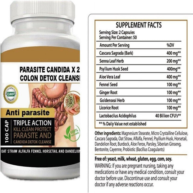 Parasite Cleanse DETOX Liver Colon Yeast Killer Pills All Natural Detox Candida 100 Capsules