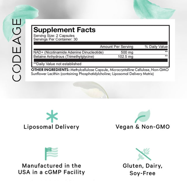 Codeage Liposomal NAD+ Supplement, Betaine Anhydrous, Nicotinamide Adenine Dinucleotide Pills, 60 Ct