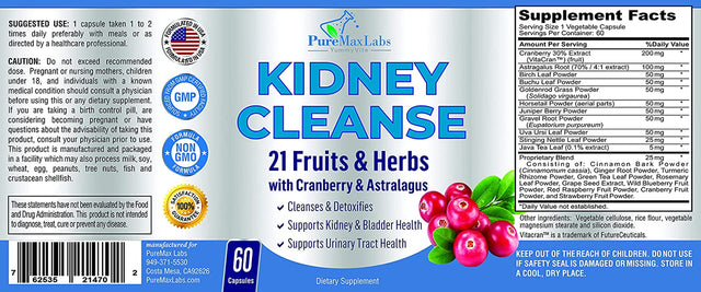 Herbal Kidney Cleanse with Cranberry Extract, Astralagus - 21 Fruits & Herbs - Detox & Cleanse Urinary Tract & Bladder Health, Kidney Support, 60 Vegan Capsules