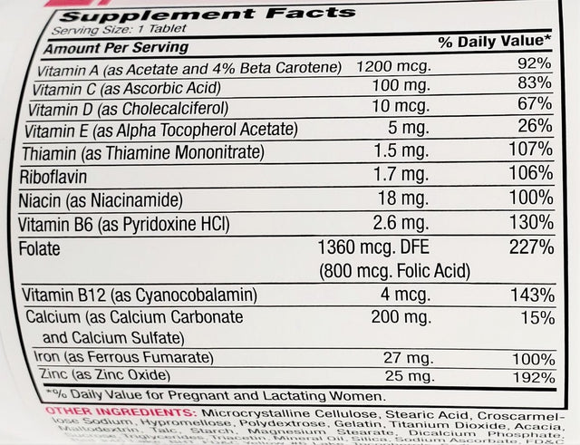 Major Prenatal Vitamins, Dietary Supplement, Bottle of 100 Tablets