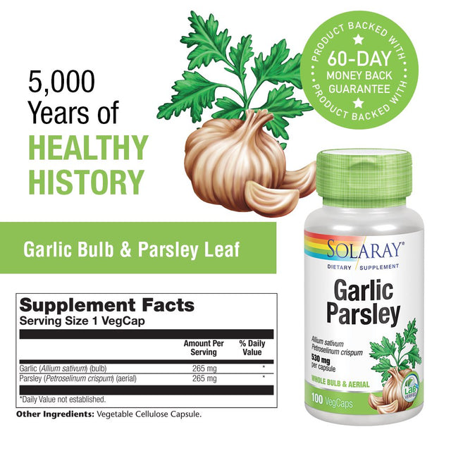 Solaray Garlic Bulb & Parsley Leaf 530Mg | Healthy Cardiovascular and Immune System Function Support | Non-Gmo, Vegan & Lab Verified | 100 Vegcaps