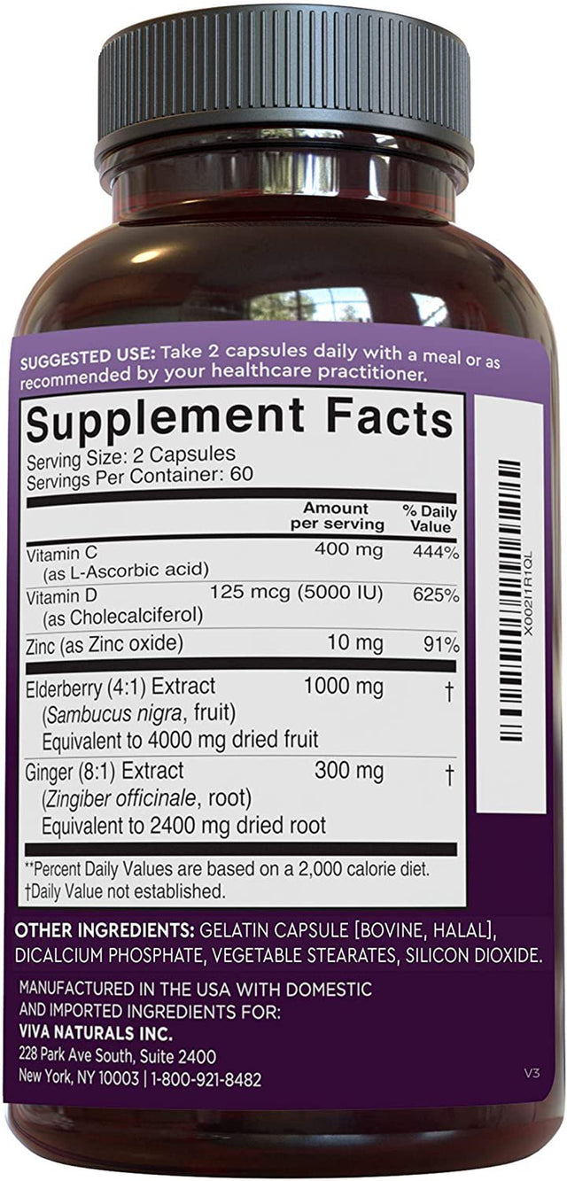 Elderberry, Vitamin C, Zinc, Vitamin D 5000 IU & Ginger Immune Support Supplement, 2 Month Supply (120 Capsules) - 5 in 1 Daily Immune Support for Adults