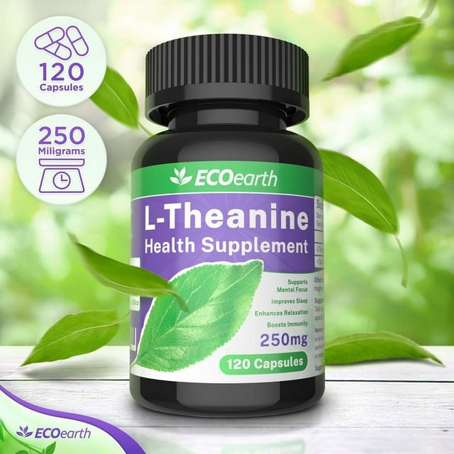 L-Theanine 250 Mg 120 Capsules, Supplement Support for Anxiety, Focus, Sleep by Ecoearth