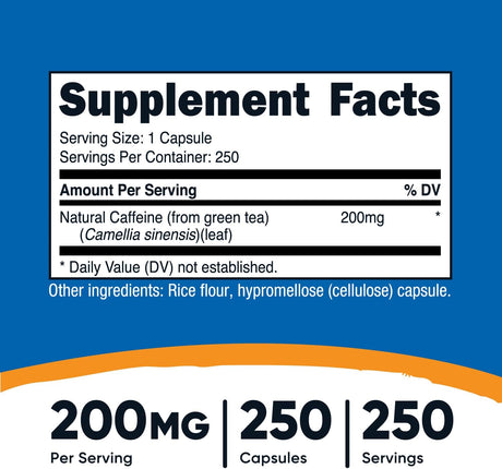 Nutricost Natural Caffeine 200Mg, 250 Vegetarian Capsules - Gluten Free, Non-Gmo