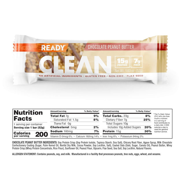 Ready CLEAN Bar, 15G of Protein, 7G Fiber, 6.5G of Whole Grains, NON-GMO, Chocolate Peanut Butter, 1.83 Ounces, 12-Pack