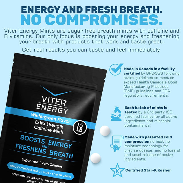 Viter Energy Extra Strength Caffeinated Mints 80Mg Caffeine, B Vitamins, Sugar Free. (Wintergreen, 8Oz, Bulk Bag)