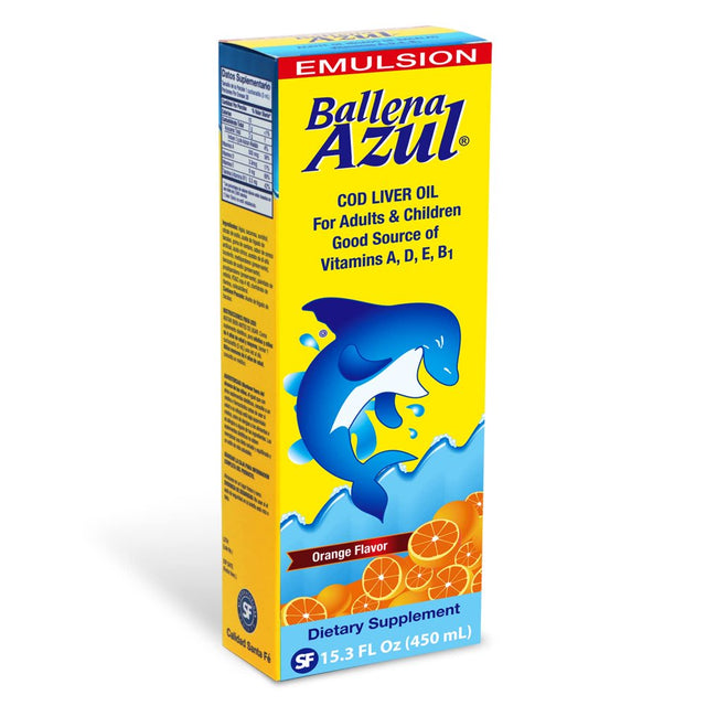 Ballena Azul Aceite De Hígado De Bacalao Para Adultos Y Niños, COD Liver Oil for Adults and Children, Good Source of Vitamins A,D,E, B1, Dietary Supplement, Omega 3, Inmune System Boost (ORANGE 15 OZ)