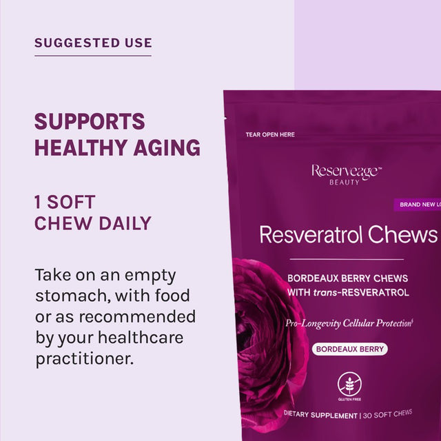 Reserveage, Resveratrol Chews, anti Wrinkle Support to Protect against the Aging Effects of Free Radicals for Youthful, Smooth Skin with Organic Red Grape and Acai, Bordeaux Berry, 30 Chews