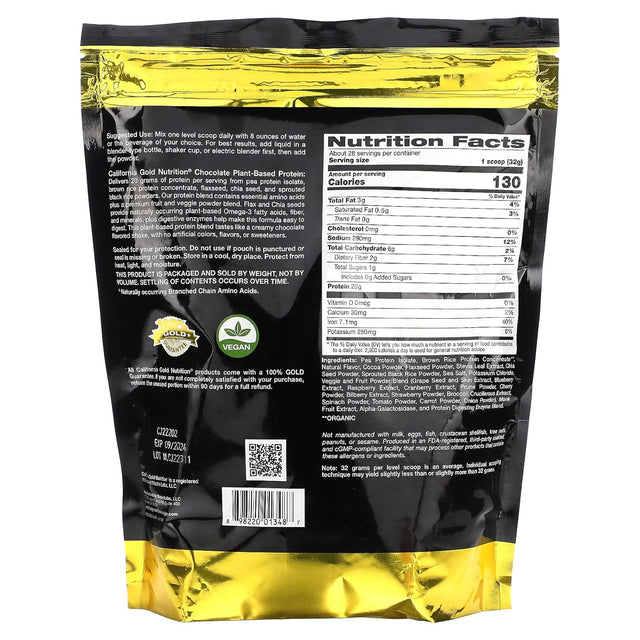 California Gold Nutrition SPORT - Plant-Based Protein, Chocolate, 2 Lb Pouch