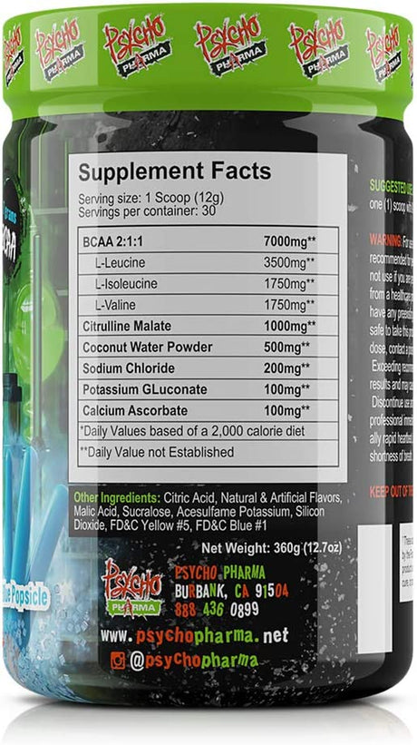 Psycho Pharma Fuel the Muscles and Protein Synthesis Asylum Anytime Bcaas Is a Complex Pre/Intra/Post Workout Muscle Building Supplement That Keeps You Psycho Every Workout (Blue Popsicle)