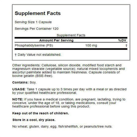 Jarrow Formulas PS100 100 Mg Phosphatidylserine Promotes Brain Function, 120 Capsules